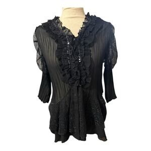 Y2K My Pretty Angel Whimsigoth Black Sheer Ruffle Lace Button Front Top Sz L